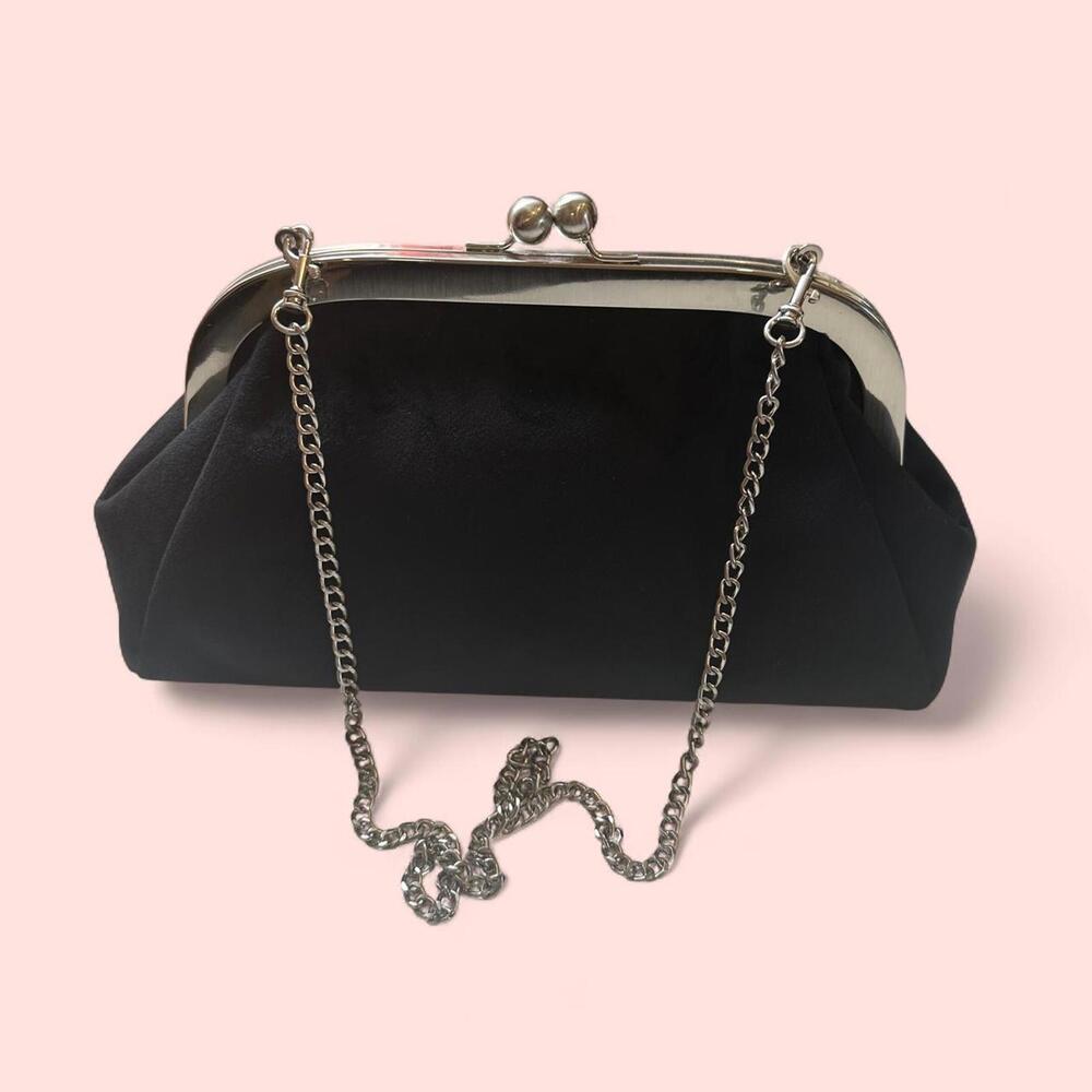 Patricia Nash Black Satin Evening Clutch with Silver Chain Strap